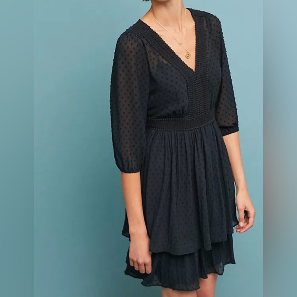 Anthropologie Black Dot Lace-Trimmed Tiered Dress